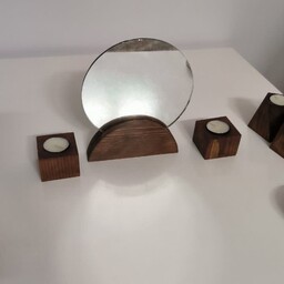 آینه و جاشمعی چوبی مناسب شمع سکه ای قطر آینه 20 سانت مدل نیم دایره
