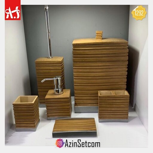 ست سرویس بهداشتی مدل Wood رزینی برند آذین ست - اکسسوری حمام و دستشویی لوکس