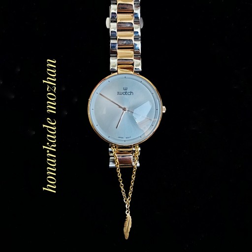 آویز ساعت و دستبند تمام استیل رنگ ثابت طلایی طرح پر