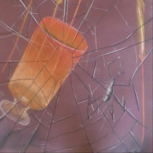 نقاشی از مدل شیشه ای ( گلدلن , گل خشک و حشره خاکی ) با ترکیب تخبیلی