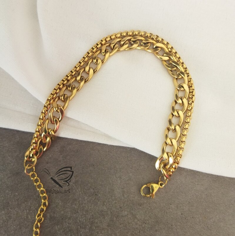 دستبند زنانه دو رج با زنجیر کارتیه و زنجیر رولو استیل 