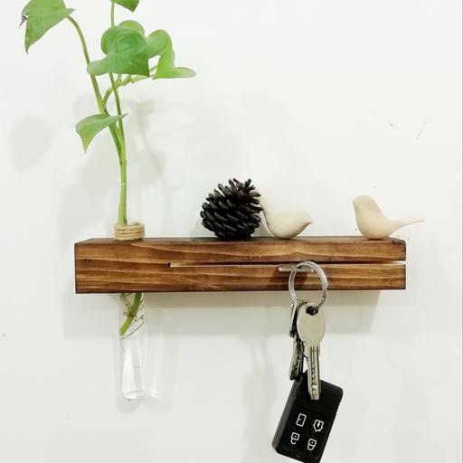 شلف دکوری چوبی همراه با کاربری به عنوان جاکلیدی همراه با ظرف شیشه ای با امکان رشد گیاه زنده 