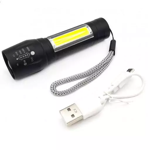 چراغ قوه پلیسی شارژی. دارای چراغ در قسمت جلو و LED در قسمت بغل.سه حالته پرنور،کم نور،چشمک زن. دارای کابل شارژ مخصوص