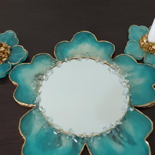 آینه و شمعدان طرح گل رزینی فیروزه ای 3 پارچه