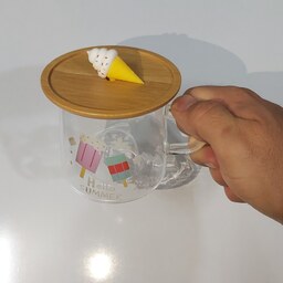 ماگ پیرکس ویترینی درب و زیره بامبو طرح بستنی(لیوان بزرگ)