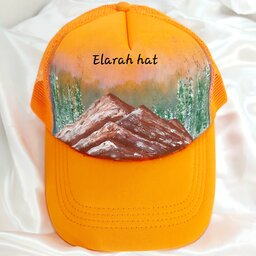 کلاه نقابدار پشت تور  با طرح طبیعت  کوهستان رنگ نارنجی (نقاشی شده با دست)