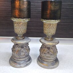 شمعدان پلی استر پتینه شده ،با زنگوله شیشه ای ،ست دو تایی ،قابل سفارش در رنگ  و  پتینه  دلخواه 