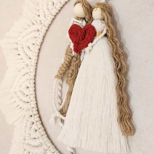  فرشته مکرومه سفید عروس و دوماد ماه مکرومه دیوار کوب مکرومه
