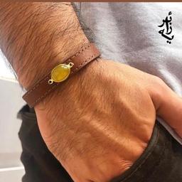 دستبند چرم طبیعی با نگین دلخواه شرف الشمس فیروزه عقیق یمن و غیره