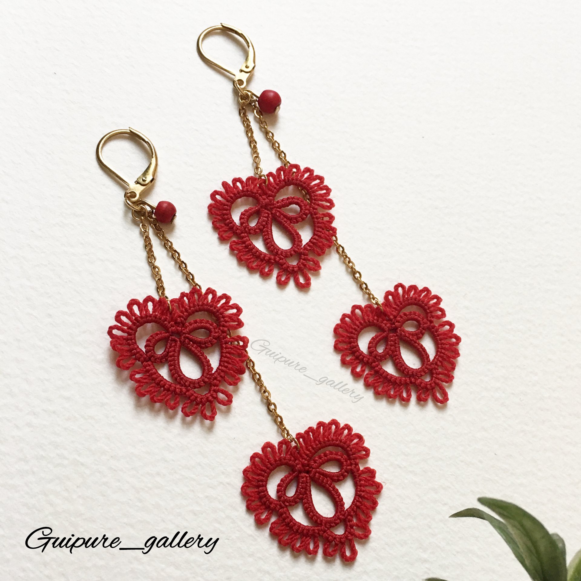 گوشواره آویز گیپور دستباف طرح قلب (دو آویزه)