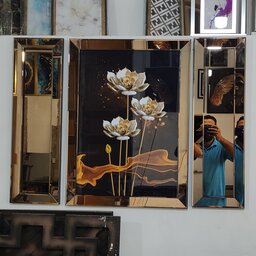 تابلو آینه ای 3تکه زمینه مشکی گل سفیدطلایی سایز 60در80و25در80 برنز 