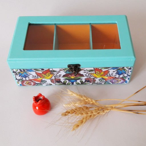 جعبه تی بگ چوبی دست ساز طرح گل و مرغ