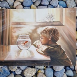 تابلو نقاشی پسر بچه وتنگ ماهی ابعاد 60 در 80
