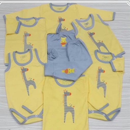 لباس نوزاد و بچه نخ پنبه  با 80 درصد پنبه مدل زرافه زرد
