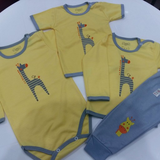 لباس نوزاد و بچه نخ پنبه  با 80 درصد پنبه مدل زرافه زرد
