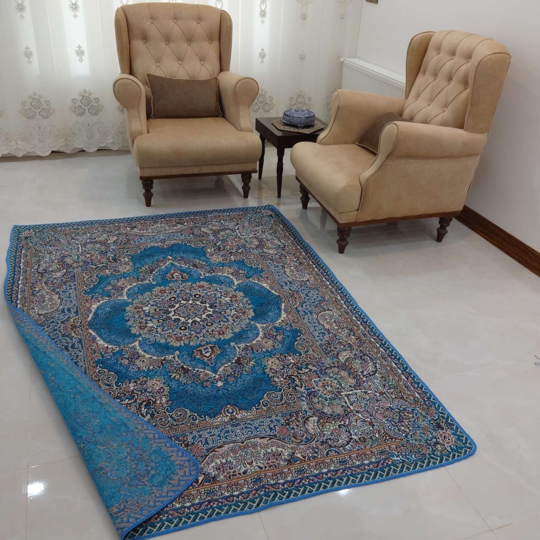 روفرشی 3 متری مخمل زرک دار ، براق و ضخیم طرح دیبا رنگ آبی فیروزه برند وکیل بافت (زرین) یزد کد نیلوفر 005 - روفرشی 3متری