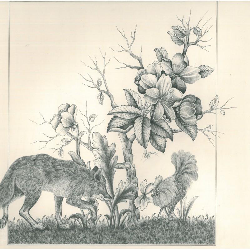 نقاشی روباه و خروس روی مقوا با راپید -سیاه و سفید