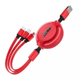 کابل تبدیل USB به MicroUSB و USB-C و لایتنینگ مدل جمع شونده طول 1 متر قرمز