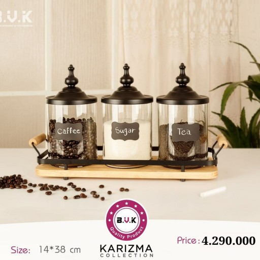 جا شکر و قهوه و چای3 تایی چوب و شیشه برند bvk سایز 14 در 38 بسیار با کیفیت