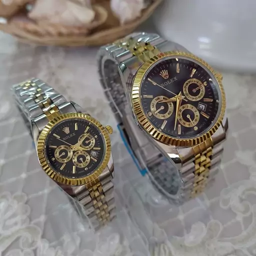 ساعت ست مردانه زنانه رولکس Rolex طرح سه موتوره  صفحه مشکی عمده و تک