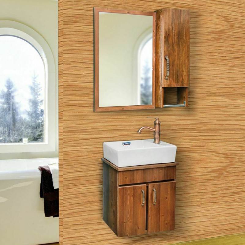روشویی کابینتی مدل آتینا ابعاد 30 در 45 طرح چوب با به همراه آینه و باکس