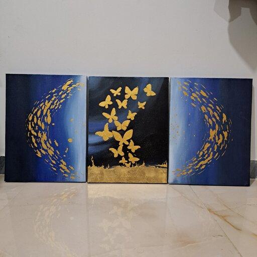 تابلو نقاشی دکوراتیو سه تیکه ورق طلا طرح ماهی و پروانه سایز هر لت 30 * 40 