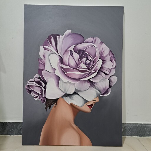 تابلو نقاشی دکوراتیو طرح دختر گل به سر کار شده با  رنگ روغن سایز 50 در 70