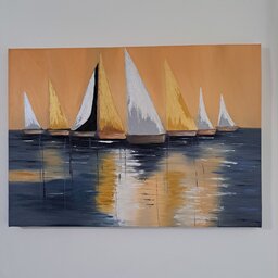 تابلو نقاشی دکوراتیو رنگ روغن قایق و دریا کار شده با ورق طلا و نقره سایز 50 * 70