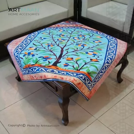 رومیزی مخمل  100x100 طرح  کاشی درخت آبی  آرت مان