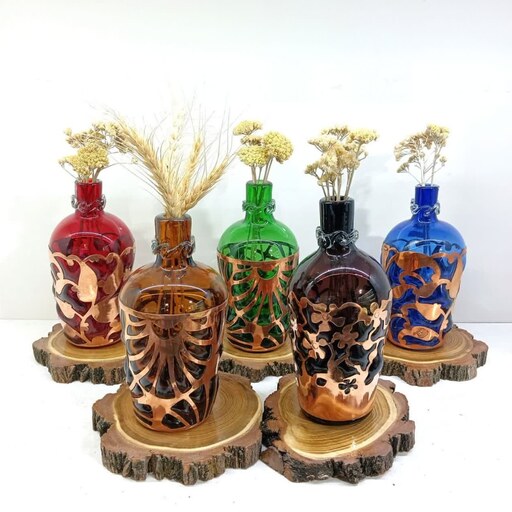 بطری مس و شیشه  هنر شیشه گری دستساز گلدان شیشه ای صنایع دستی 
