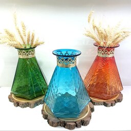 گلدان طوقدار گردن برنجی دستساز شش ضلعی شیشه ای جلومبلی اکسسوری زیبا شیک خاص