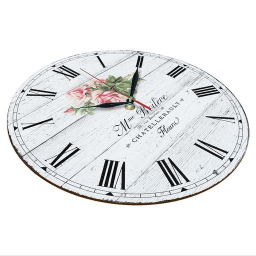 ساعت دیواری گرد مدل 1129 طرح چوب سفید و گل رز صورتی سایز 30
