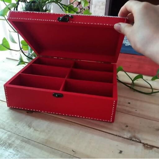 جعبه چوبی تی بگ قرمز  طراحی شده با دست و رنگ ثابت قابل تمیز کردن با دستمال مرطوب