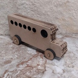اتوبوس چوبی چرخدار متحرک خام و بدون رنگ مناسب سیسمونی و اسباب بازی کودک