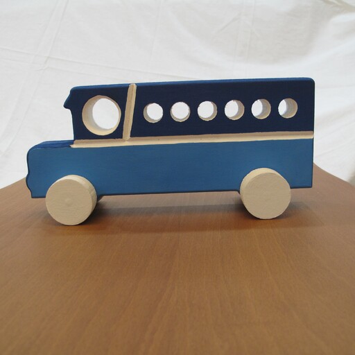 اتوبوس چوبی چرخدار متحرک خام و بدون رنگ مناسب سیسمونی و اسباب بازی کودک