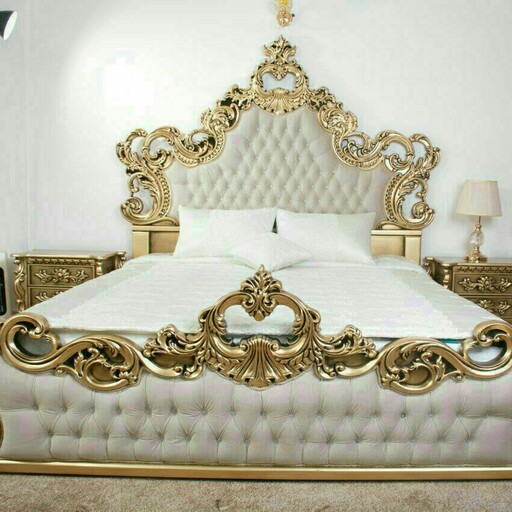 تخت  خواب دونفره کامل مدل آرامیس رنگ طلایی و صدفی و ورق طلا