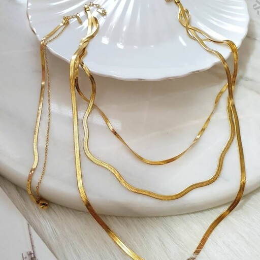 گردنبند دستبند و پابند ماری طلایی استیل درجه یک رنگ ثابت قابل شستشو مناسب برای ولنتاین و کادوی روز مادر سرویس کامل ماری