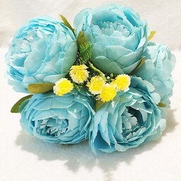 دسته گل مصنوعی پیونی رنگ آبی روشن قد 35 عرض 18 سانتی متر