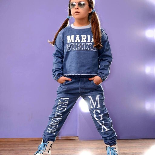 بلوز  شلوار لی دخترانه  لباس کودک کراپ شلوار جین   بهاره سایز 7تا 13 سال 