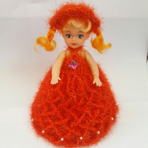 عروسک بالباس دستبافت زیبا رنگ نارنجی طرح سارینا(19سانت)