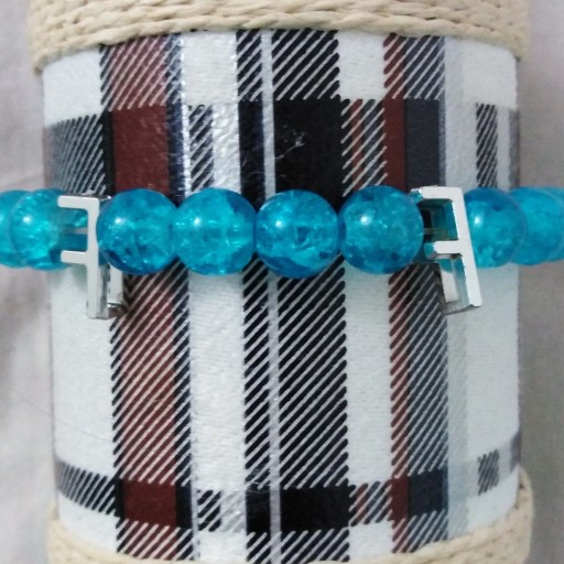 دستبند دست ساز کشی با سنگ معمولی آبی آسمانی و خرجکار شنل
