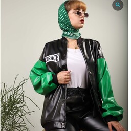 کاپشن زنانه مدل بیسبالی رنگ سبز مشکی ترکیبی چرم فری سایز36الی44