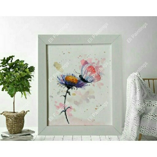 تابلو نقاشی آبرنگ «گل و پروانه» مه نگار