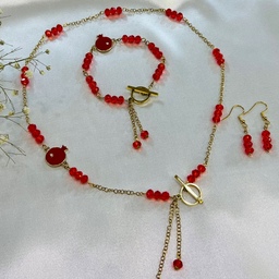 ست گردنبند - دستبند - گوشواره زنانه استیل و کریستال قرمز ویژه یلدا