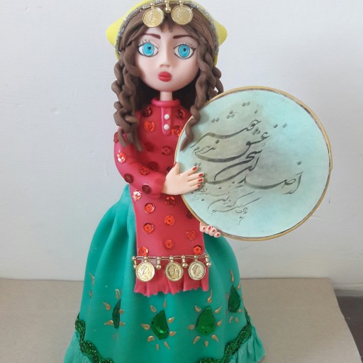 عروسک خمیری دختر دف زن،عروسک سنتی ایران،محلی با دف