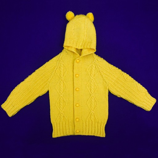 سوییشرت کودکانه دستباف کلاه دار جلو دکمه دار طرح گیس و لوزی