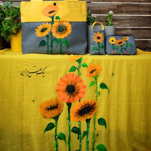 ست مانتو شال کیف کفش گل آفتابگردان نیک طبع دیزاین نقاشی شده با دست سفارشی دستساز