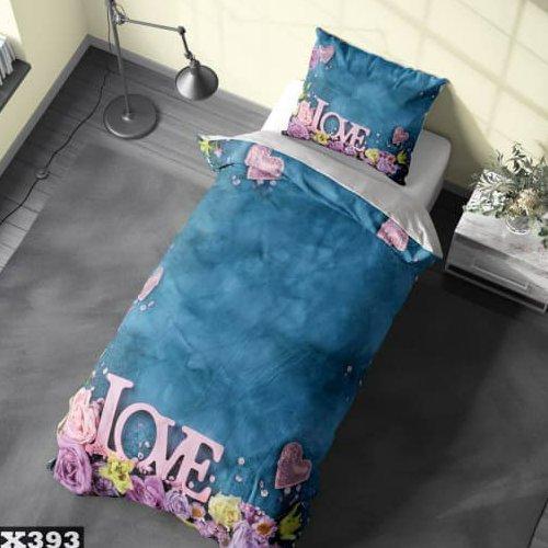 سرویس رو تختی میکرو تترون سه بعدی دو نفره بزرگسال طرح LOVE بازمینه آبی مناسب تخت160