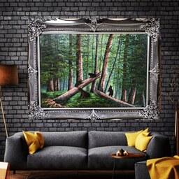  نقاشی رنگ روغن جنگل خرس ها با قاب چوبی اندازه 100در 70 