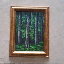  نقاشی رنگ روعن جنگ سبز  روی تخته سه لا قاب چوبی اندازه 35در 25